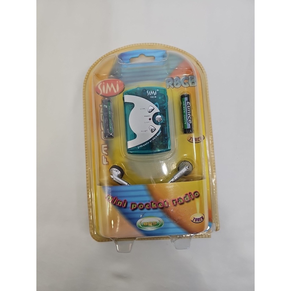 SIMI R8CB Auto Scan Teal  FM Radio W Earphones & Flash Light NEW SEALED W/Batts